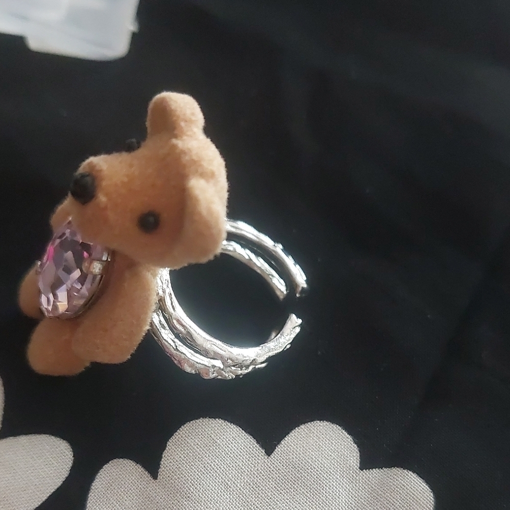 Whimsical Brown and Purple Teddy Bear Jewelry Ring